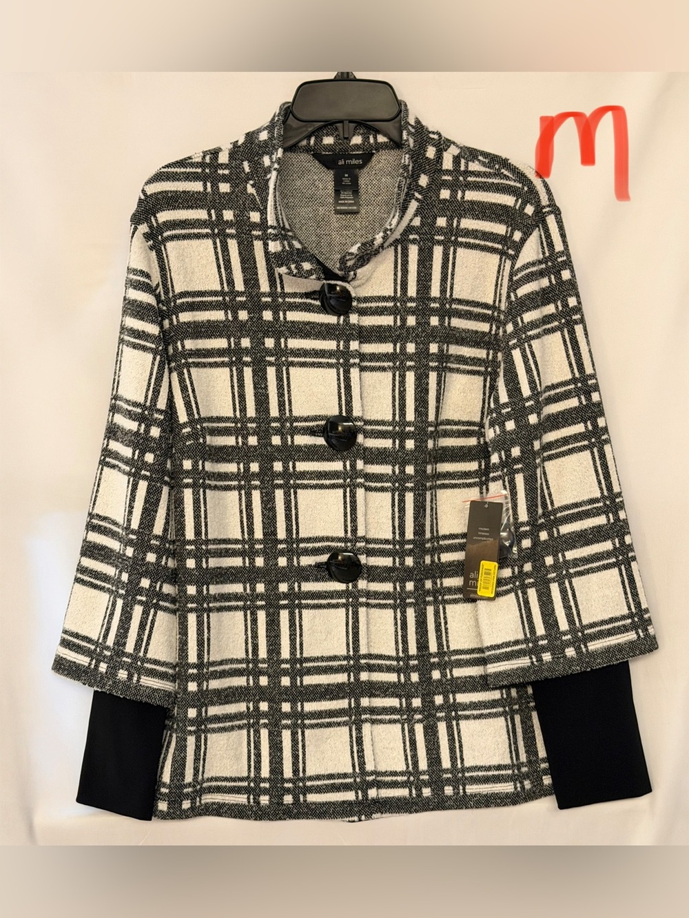 Ali Miles Black and White Plaid Single-Breasted Blazer